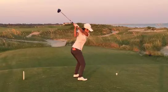 Kaye Kwon hits a tee shot at Ocean Course in Kiawah Island