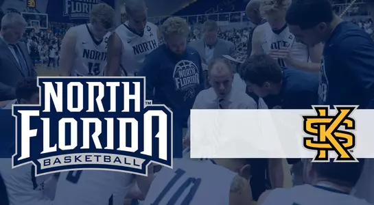 Basketball preview graphic for Kennesaw game with image of Coach Matthew Driscoll talking to team on sideline in the background