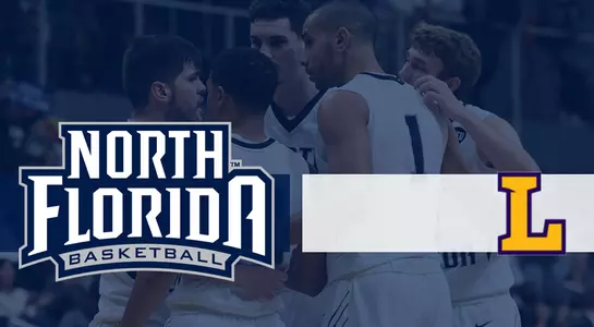 Basketball preview graphic for Lipscomb game with team huddle in the background