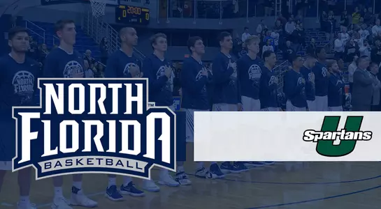 Basketball preview graphic for Upstate game with Ospreys standing in line for national anthem in the back ground
