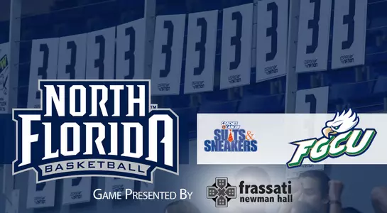 Basketball preview graphic for FGCU game with background image of 3-point placards hanging in the Arena