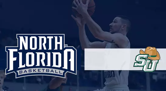 Basketball preview graphic for Stetson game with JT Escobar making a layup in the background