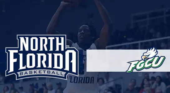 Basketball preview graphic for game at FGCU with Wajid Aminu shooting the ball in the background