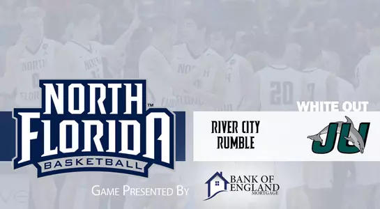 Preview graphic for UNF vs JU basketball game with team huddle in the backdround and game sponsor logo of Bank of England