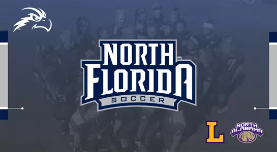 Women's soccer preview image featuring team huddle in the background and logos for North Florida soccer along with Lipscomb and North Alabama logos