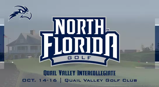 Golf preview graphic for 2018 Quail Valley Intercollegiate featuring image of Quail Valley Golf Club and the North Florida Golf logo