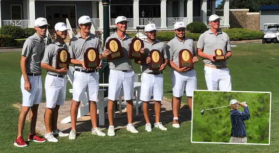 The North Florida men's golf team poses with their championship trophies at the Quail Valley Intercollegaite