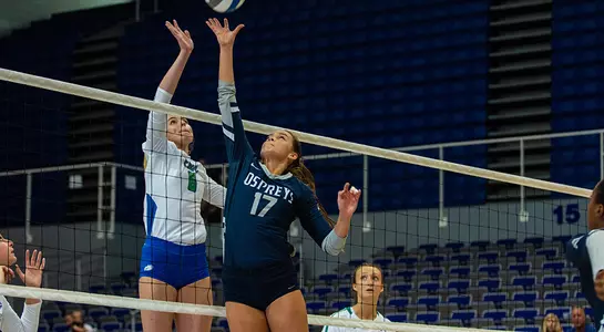 Madilyn McCarty jumps up to tip a ball over her opponent during a volleyball match.