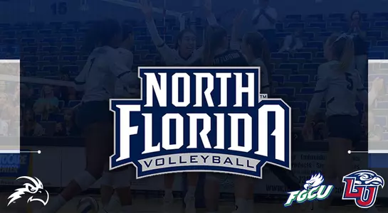 Rectangular graphic with a blue overlay featuring logos of FGCU, Liberty, an Osprey head the UNF Volleyball logo and a celebration shot.