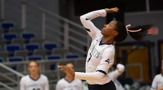 Devyn Wheeler looks up to connect with the volleyball during a serve.