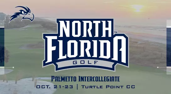 Women's Golf preview graphic for Palmetto Intercollegiate featuring image of Turtle Point Country Club in background and the North Florida golf logo