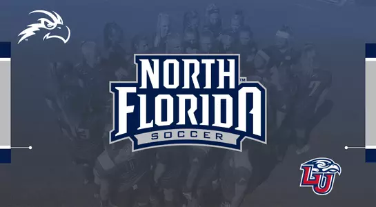 Women's soccer preview image featuring team huddle in the background and logos for North Florida soccer along with Liberty logo