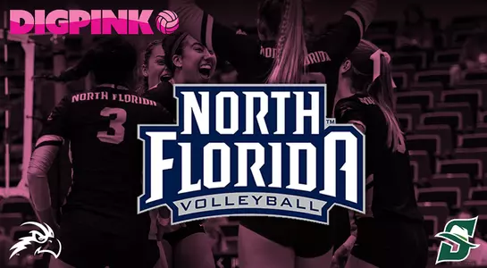 Rectangular graphic with pink overlay above a photo of the North Florida Volleyball team celebrating a point. It's underneath logos of DigPink, North Florida Volleyball, Stetson and a North Florida Osprey head.