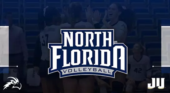 Blue, rectangular graphic with an Osprey head, JU logo and North Florida volleyball logo over a shot of the volleyball team cheering prior to a match.