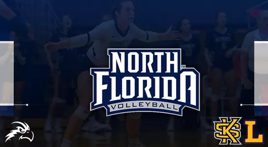 Blue rectangular graphic with a white Osprey head, KSU, Lipscomb and North Florida Volleyball logo