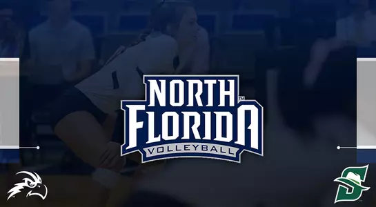 Blue rectangular graphic featuring an Osprey head, Stetson and North Florida volleyball logo over an actiono shot of Kirby Smith awaiting a serve.