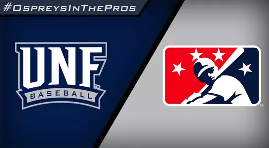 Rectangular graphic divided by a black line. To the left of the line is a UNF Baseball graphic, and to the right is the MiLB logo. In the upper left corner of the graphic is an #OspreysInThePros hashtag.