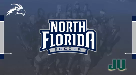 Women's soccer preview image featuring team huddle in the background and logos for North Florida soccer and Jacksonville logos