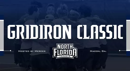 Men's tennis heads to the Mercer Gridiron Classic in Macon, Ga. - text in front of a blurred group picture.
