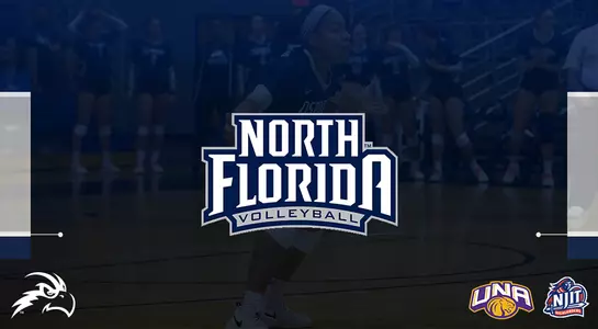 Blue rectangular graphic with an Osprey head, UNA, NJIT and North Florida Volleyball logo over an action shot of Asante Lopez.