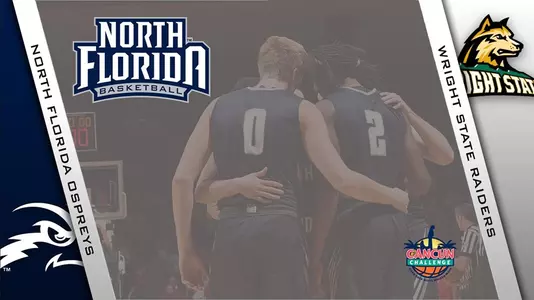 Men's basketball preview graphic featuring team huddle photo along with logos for North Florida and Wright State