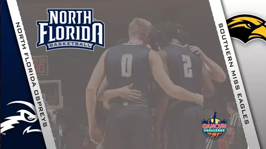 Basketball preview graphic featuring logos for North Florida and Southern Mississippi along with background photo of Wajid Aminu dunking the ball through the goal