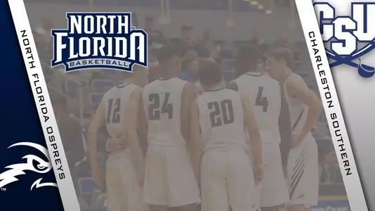 Preview graphic for men's basketball game versus Charleston Southern with logos of North Florida and Charleston Southern along with background photo of team huddle on court