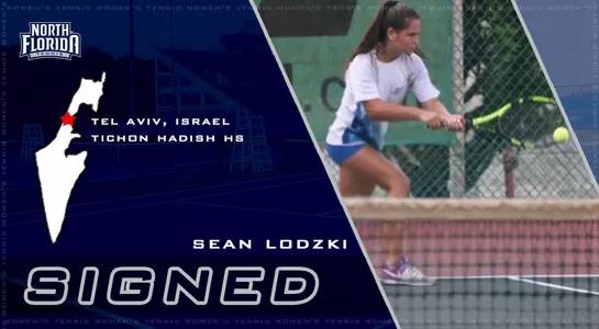 Rectangular graphic divided by a blue overlay on top of the UNF Tennis Complex and an action shot of Sean Lodzki hitting a tennis ball.