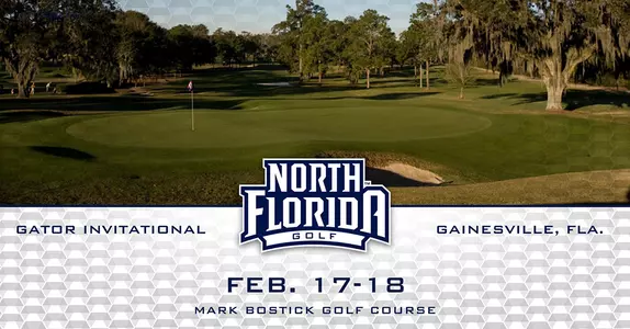 Men's Golf preview graphic for Gator Invitational with background image of Mark Bostick Golf Course