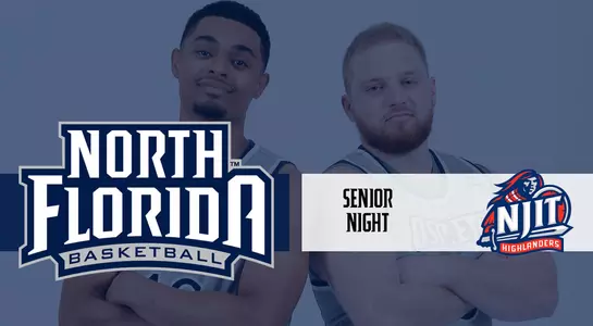 Basketball preview graphic for NJIT game with senior duo of Osborn Blount and Chase Driscoll in the background