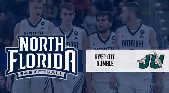 Basketball preview graphic for JU game with group of players walking on the court in the background