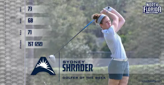 Sydney Shrader hits a tee shot and watches the ball in graphic announcing her ASUN Golfer of the Week honor