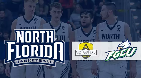 Preview graphic for UNF vs FGCU in ASUN Semifinals with group of players coming onto the court in the background