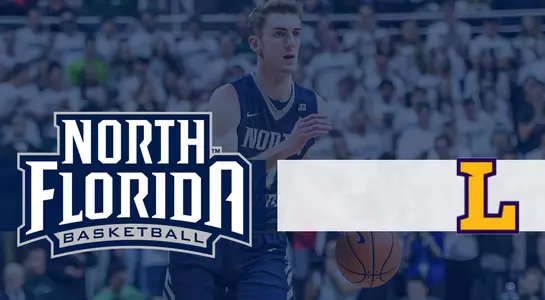 Basketball preview graphic for Lipscomb game with Garrett Sams dribbling a ball in the background