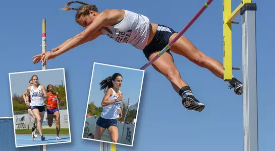 Graphic featuring Louisa Washburn clearing the pole vault bar along with Hallie Grimes and Claudia Jalon running down the home stretch.