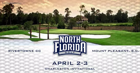 Women's Golf preview graphic for Charleston Invitational featuring image of Rivertowne Country Club in background