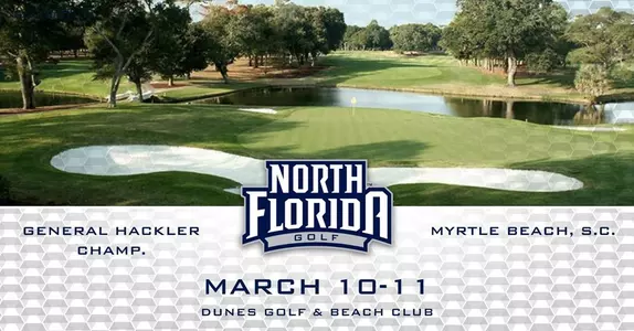 Men's golf preview graphic for General Hackler Championship with an image of Dunes Golf Club in the background