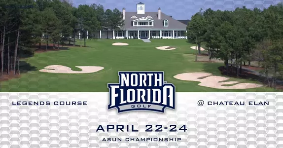 Golf preview graphic for ASUN Championship with image of Legends Course clubhouse