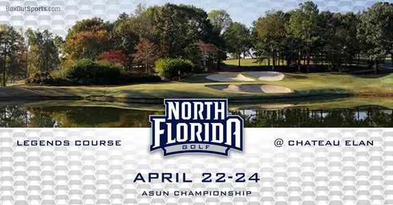 Women's Golf preview graphic for ASUN Championship with image of Legends Course in background