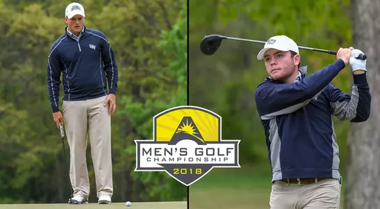 Graphic for ASUN Men's Golf Championship featuring Dillon Woods and Andrew Alligood hitting golf shots