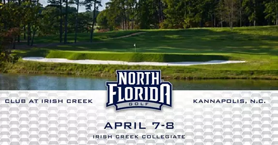 Men's golf preview graphic for Irish Creek Intercollegiate featuring image of the Club at Irish Creek in the background