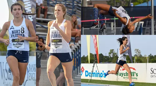 Collage of women's track including Skye Zeller, Hallie Grimes, Alyssa Young and Claudia Jalon