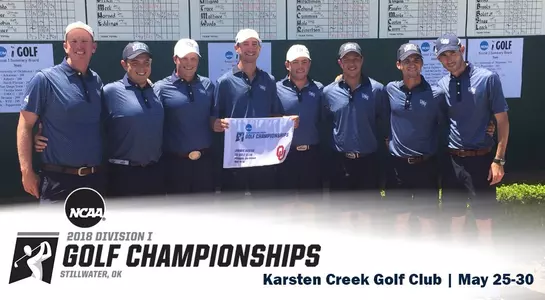 Team photo of men's golf team celebrating advancing to the NCAA Championship