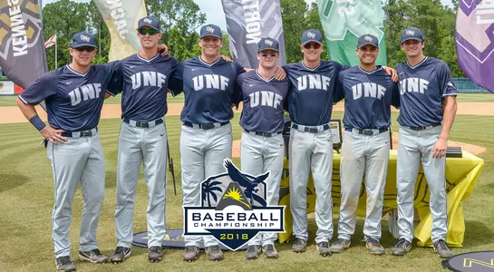 North Florida senior baseball players stand together on field following the ASUN Baseball Championship game