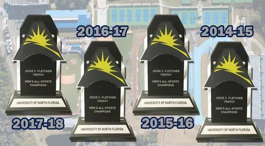 Graphic featuring 4 photos of the ASUN Men's All-Sport Trophy along with list of years that UNF has won the award