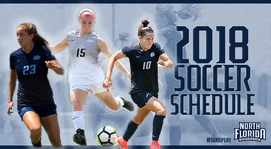 Three players are cutout in action on a graphic for the Women's soccer 2018 schedule release.