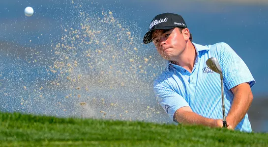 Andrew Alligood hits a shot out of a sand trap in the US Amateur Championship at Pebble Beach Golf Links