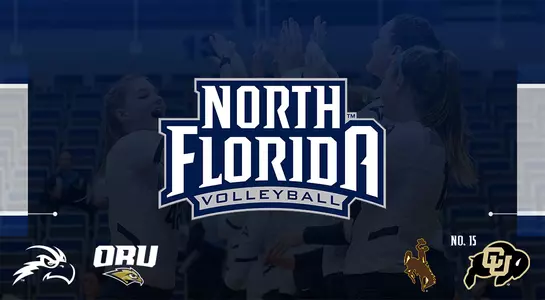 Rumble in the Rockies Game Preview With North Florida Volleyball, Oral Roberts, Wyoming and Colorado logos
