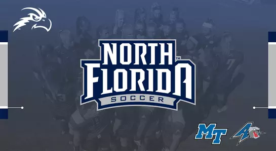 Women's soccer preview image featuring team huddle in the background and logos for Middle Tennessee and UNC Asheville