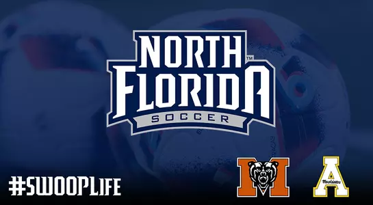 Picture of soccer balls with blue layer over it and showing the UNF soccer logo with #SwoopLife in white font and the Mercer and App. State logos on bottom